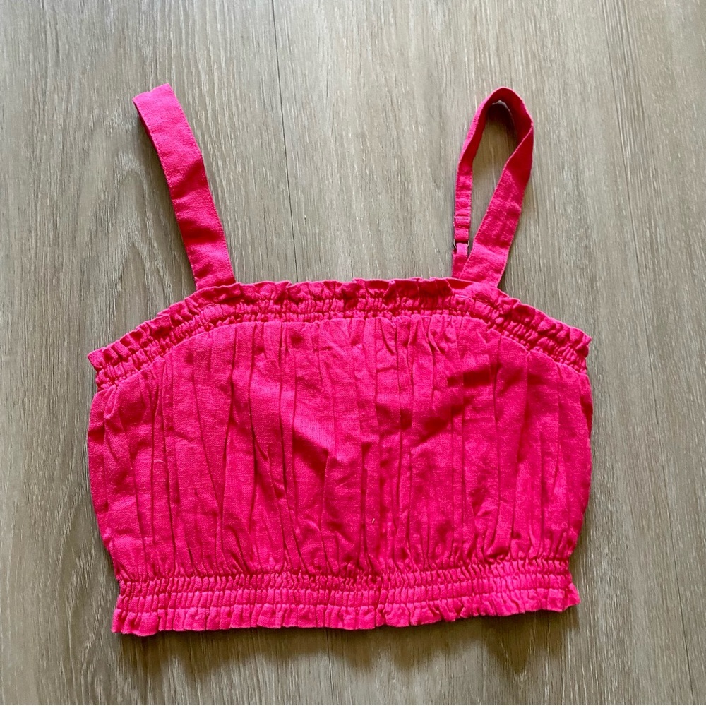 Abercrombie & Fitch A&F Linen Blend Ruched Crop Tank Top Pink Sleeveless Small S